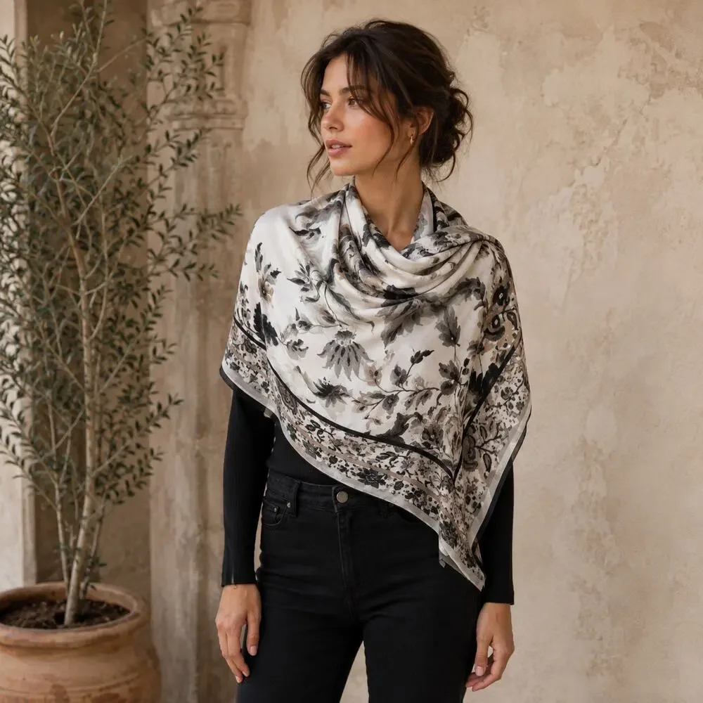 Apt 9 Square Scarf Ivory Black Floral Botanical Print Womens Classic Boho